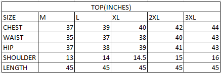 Size chart in inches