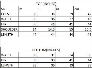 Size chart in inches