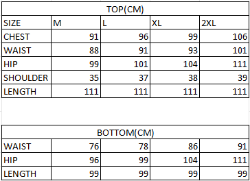 Size chart in cm