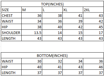 Size chart in inches