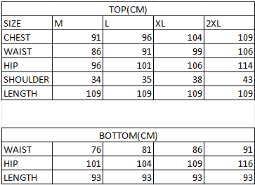 Size chart in cm