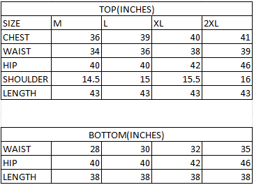 Size chart in inches