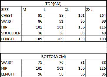 Size chart in cm