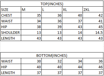 Size chart in inches