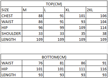Size chart in cm