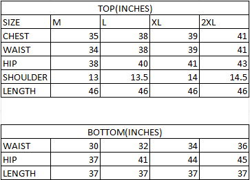 Size chart in inches
