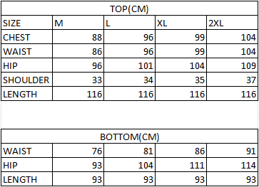 Size chart in cm