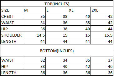 Size chart in inches