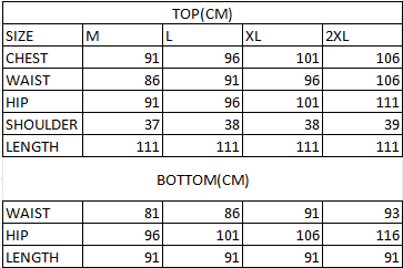 Size chart in cm