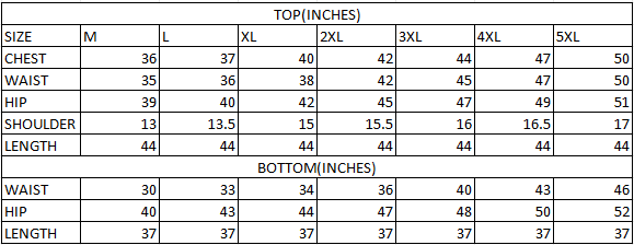 Size chart in inches