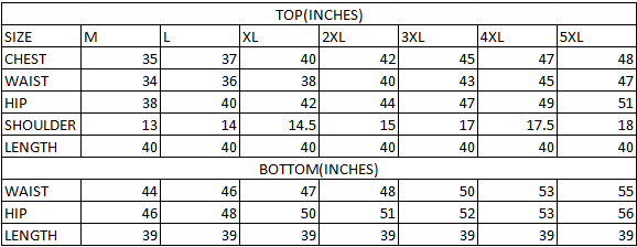 Size chart in inches