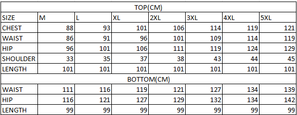 Size chart in cm