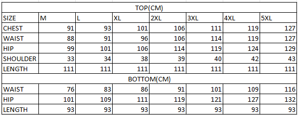 Size chart in cm