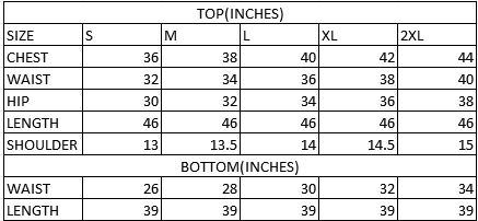 Size chart in inches