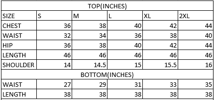 Size chart in inches