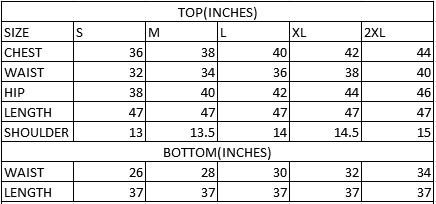 Size chart in inches