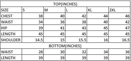 Size chart in inches