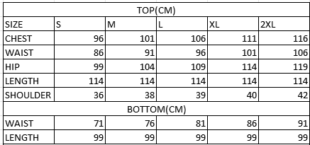 Size chart in cm