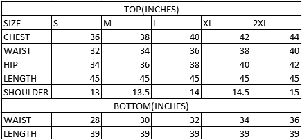 Size chart in inches