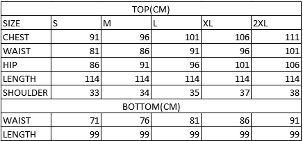 Size chart in cm
