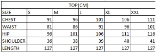 Size chart in cm