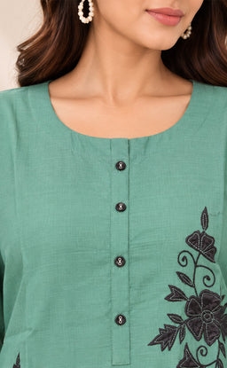 Teal Green Vatican Floral Printed Straight Kurti