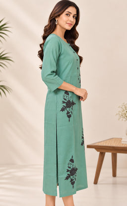 Teal Green Vatican Floral Printed Straight Kurti