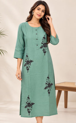 Teal Green Vatican Floral Printed Straight Kurti
