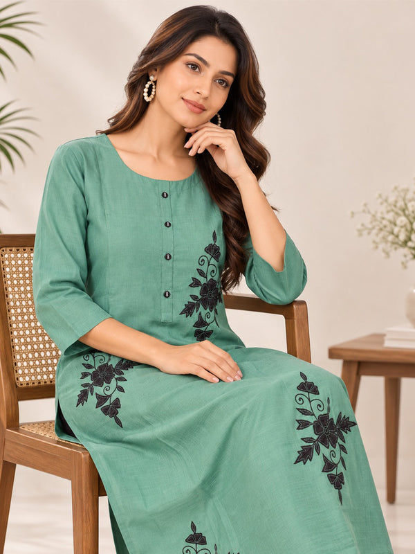 Teal Green Vatican Floral Printed Straight Kurti