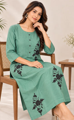 Teal Green Vatican Floral Printed Straight Kurti