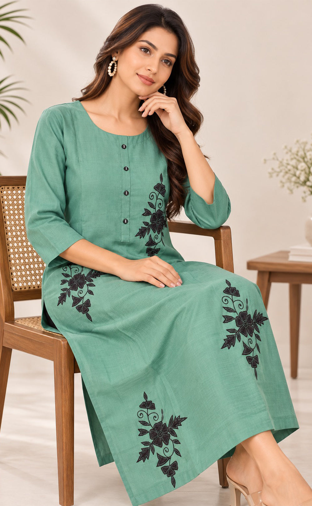 Teal Green Vatican Floral Printed Straight Kurti