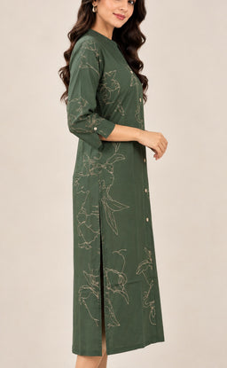 Dark Green Rayon All-Over Printed Straight Kurti