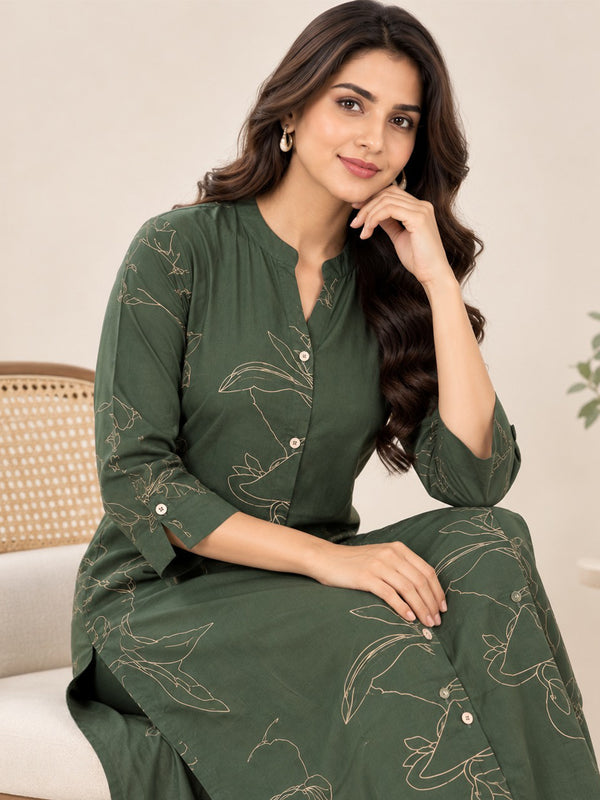 Forest Green Rayon All-Over Printed Straight Kurti