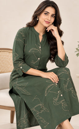 Dark Green Rayon All-Over Printed Straight Kurti