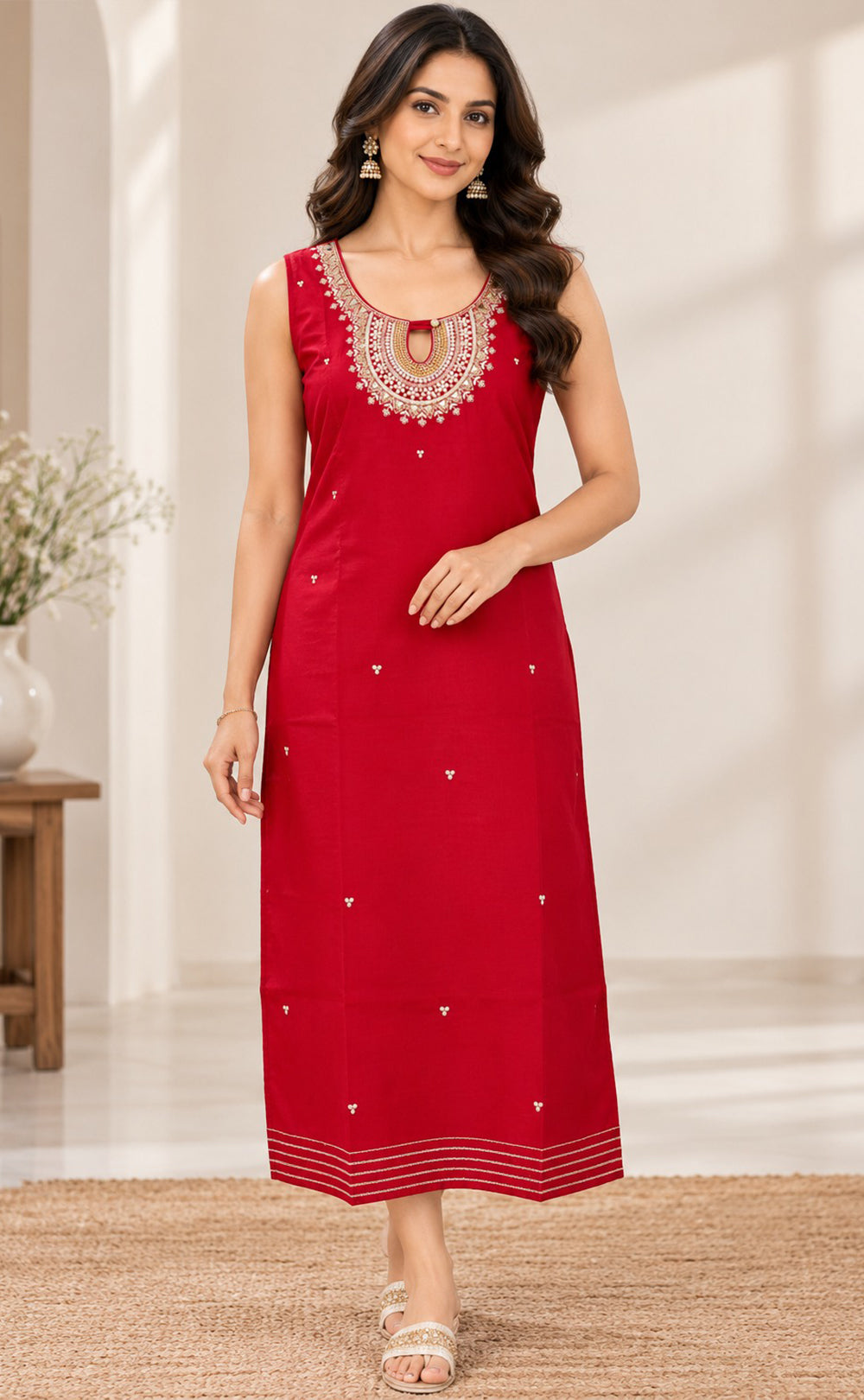Maroon Vichitra Silk Mirror Work Straight Kurti