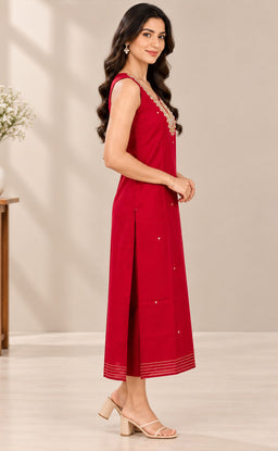 Maroon Vichitra Silk Mirror Work Straight Kurti