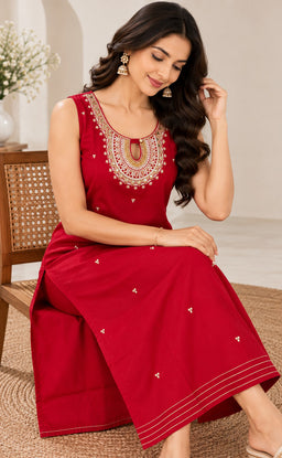 Maroon Vichitra Silk Mirror Work Straight Kurti