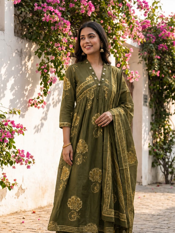 Mehndi Green Cotton All-Over Floral Print Kurti Set