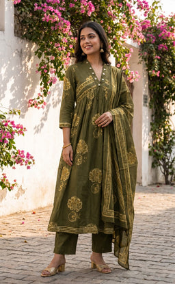 Mehndi Green Cotton All-Over Floral Print Kurti Set