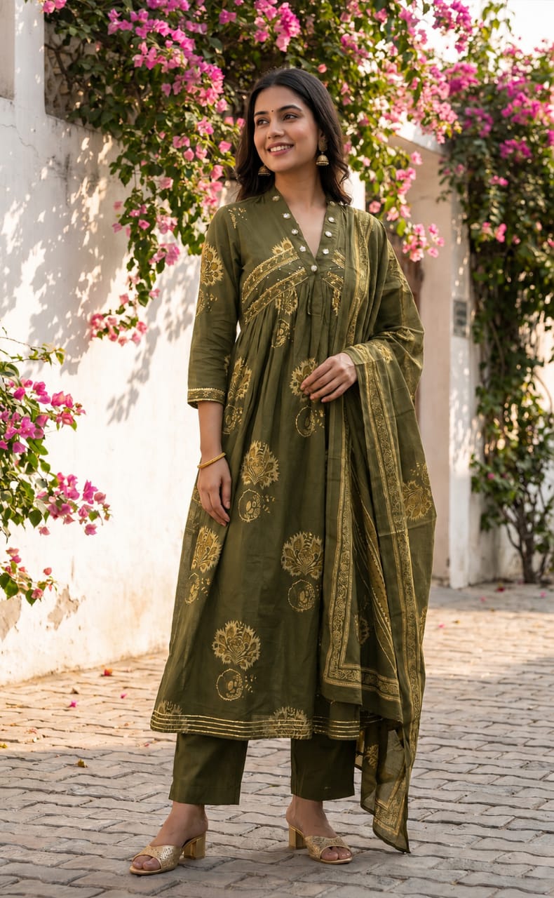 Mehndi Green Cotton All-Over Floral Print Kurti Set
