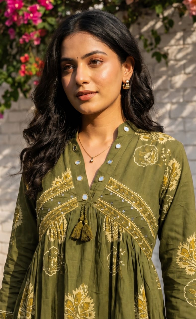 Mehndi Green Cotton All-Over Floral Print Kurti Set