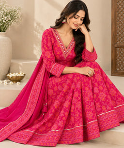 Rani Pink Rayon Foil Printed Kurti Set