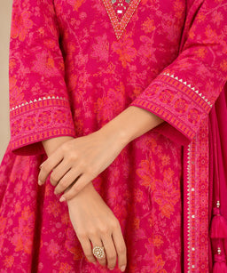 Rani Pink Rayon Foil Printed Kurti Set