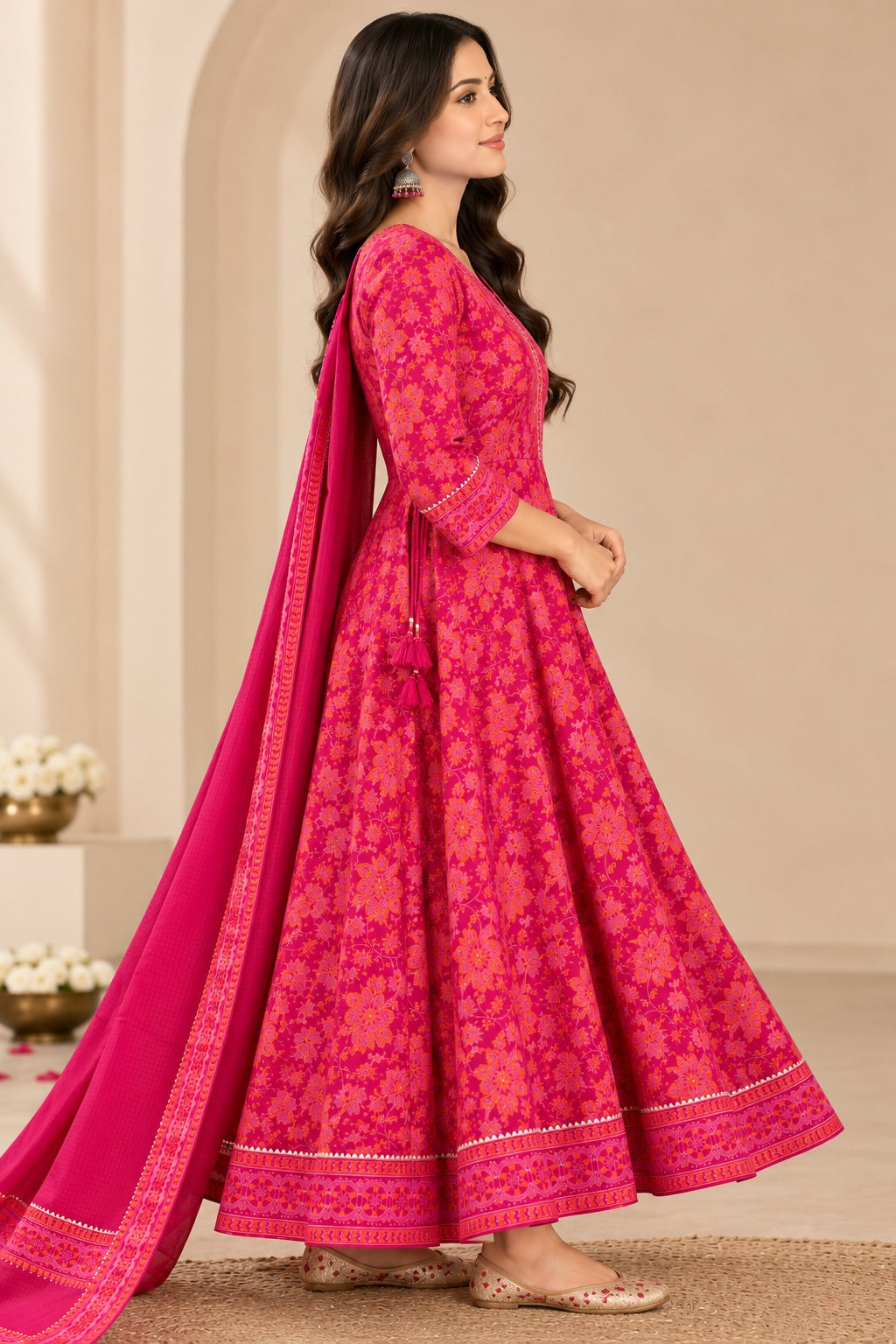 Rani Pink Rayon Foil Printed Kurti Set