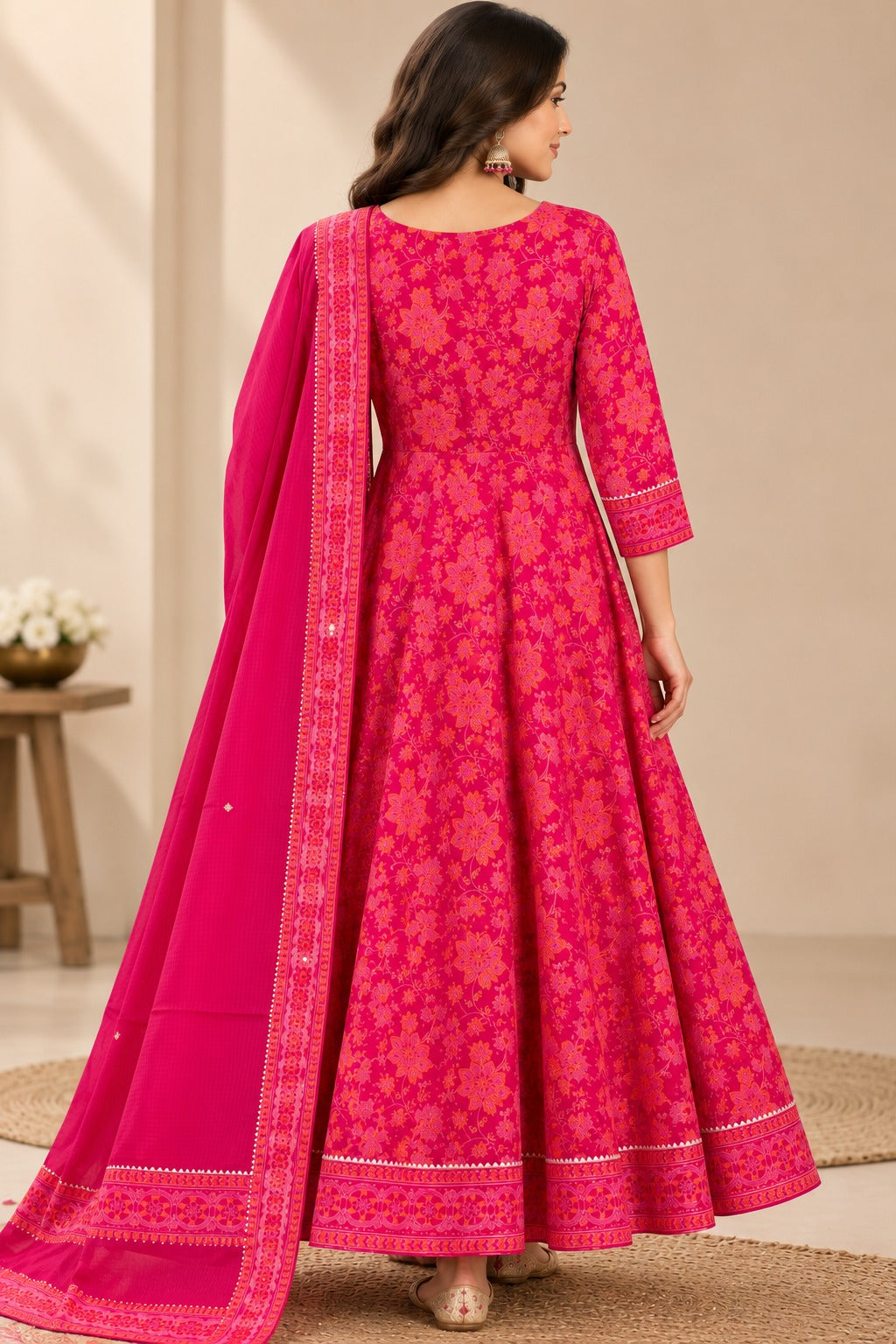 Rani Pink Rayon Foil Printed Kurti Set