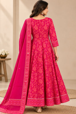 Rani Pink Rayon Foil Printed Kurti Set