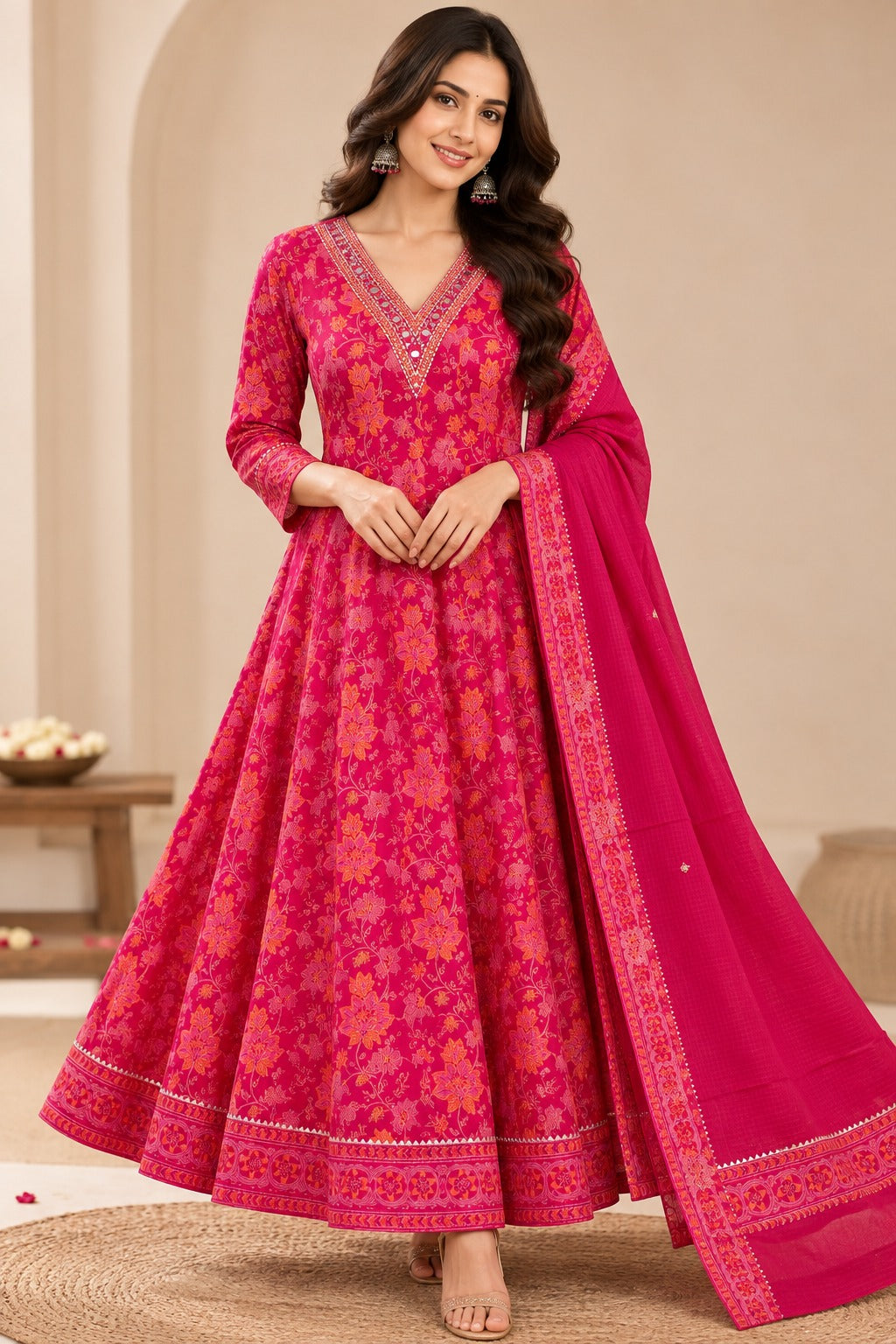 Rani Pink Rayon Foil Printed Kurti Set