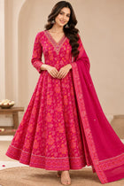 Rani Pink Rayon Foil Printed Kurti Set