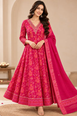 Rani Pink Rayon Foil Printed Kurti Set