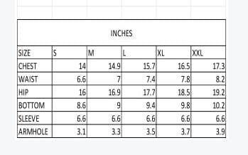Size chart in inches